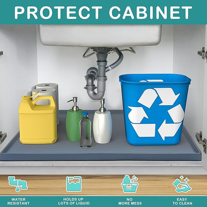 URMONA Waterproof Silicone Under Sink Mat 19'' x 19'' Shelf Liner for Kitchen and Bathroom, Cabinet and Counter Protector, Storage and Organizers, Litter Mat, Pet Cat Puppy Essentials(Dark Grey)