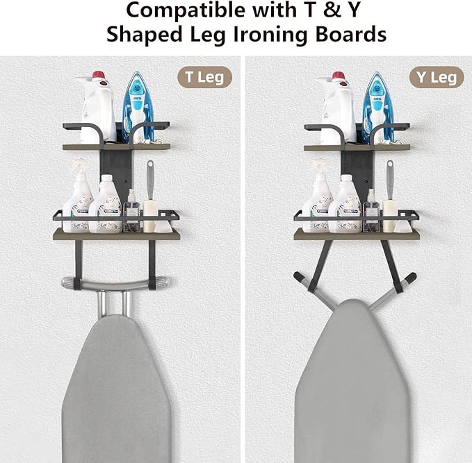VINAEMO Ironing Board Hanger Wall Mount, 2-Layer Iron and Ironing Board Holder, Laundry Room Shelves Solid Wood with Removable Hooks Home Organization and Storage