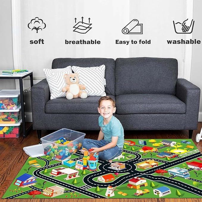 Kids Rug Car Rugs for Kids Toy Cars Play Mat with Rubber Backing City Life Road Rug for Cars Fun City Map for Carpet for Bedroom Boys (RED-Rug, 2.6x3.9ft)