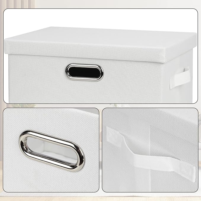 Medium 15" 21 Quart Collapsible Stackable Storage Bins with Lids, 3 Packs White Foldable Fabric Closet Boxes Heavy-duty Linen Cube Baskets Container for Bedroom Office (15 x 11 x 8)
