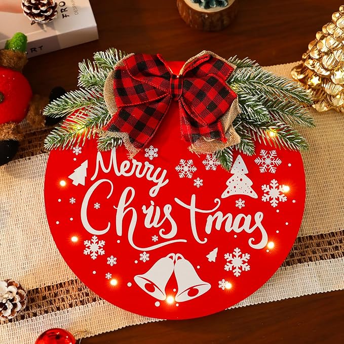 HOMCDALY Merry Christmas Welcome Sign for Front Door, Red X-mas Sign with Light, Holiday Door Decoration Wooden Hanging Sign, Christmas Decoration, Wall Art, Wall Decor(Red)