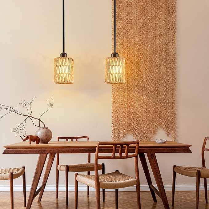 Pendant Light Boho Hanging Lamp - Rattan & Linen 2-in-1 Shade, Adjustable Hanging Lights Fixture for Kitchen Island, Dining Room, Farmhouse, Bedroom (3 Pack)