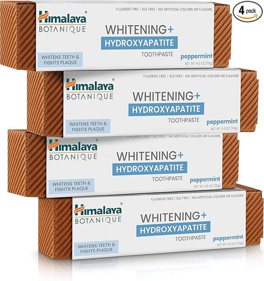 Himalaya Botanique Whitening + Hydroxyapatite Toothpaste, Peppermint - Nano Hydroxyapatite to Support Remineralization and Restore Enamel, Appropriate for Sensitive Teeth - Gluten Free, 4 oz, 4 Pack