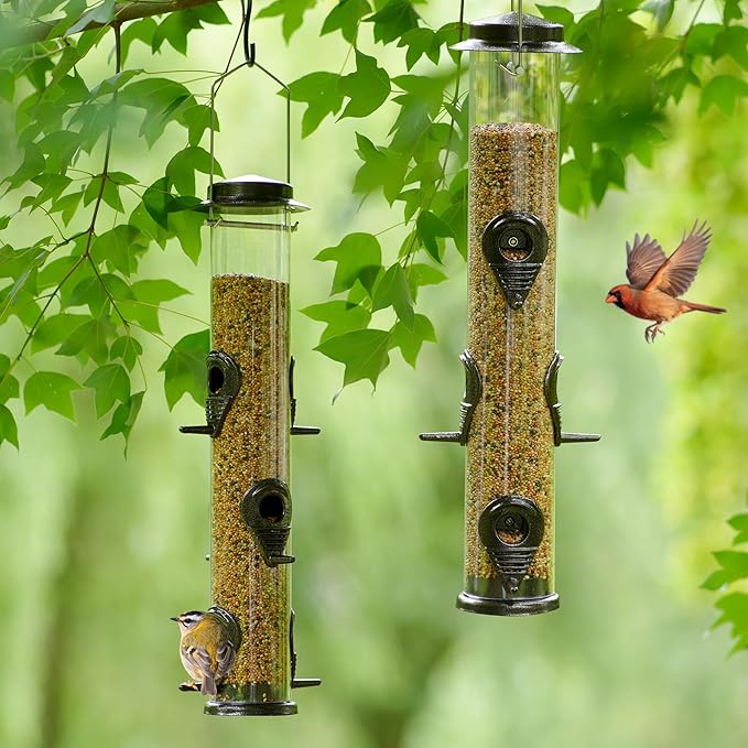 MIXXIDEA 1PK Metal Bird Feeders with 6 Feeding Ports,Tube Bird Feeder with Steel Hanger,Hard Plastic Wild Bird Feeder for Outdoors Hanging, Attracting Birds in Your Lawn, Garden, Balcony–Coffee