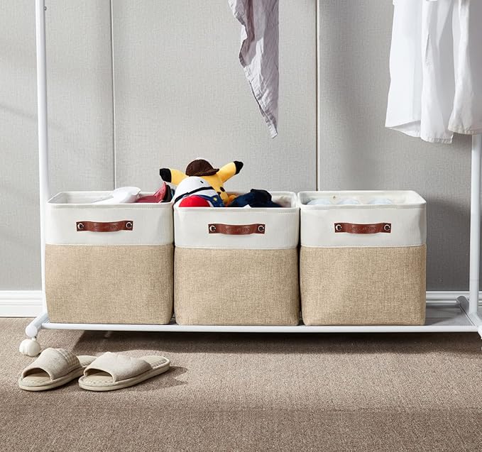 DECOMOMO Storage Cubes, 11x11 Cube Storage Bins, Baskets for Shelves (Beige & White, Cube 11" - 4 Pack)