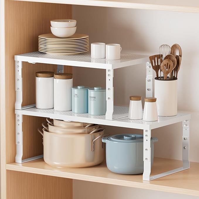 Metal Stackable Expandable Storage Shelf - Multi-Functional Home Storage Shelf, Suitable for Kitchen, Cabinet,Bathroom, Office, Garage, etc.(3PACKS/White/Large