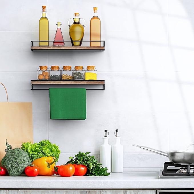 Meangood Floating Shelves Wall Mounted Set of 2, Wall Shelf with Towel Bar Rustic Wood Wall Storage Shelves for Bedroom,Living Room,Bathroom, Kitchen Torched Wood