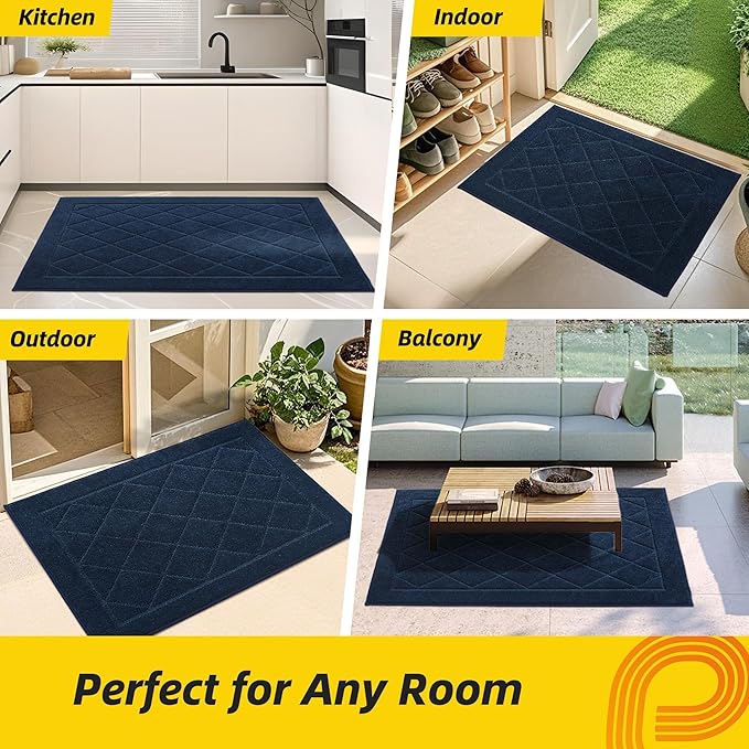 JSEI Dirt Trapper Door Mat 36"x60", Non-Slip Washable Entryway Mats, Dog Door Mat, Stain Resistant and Absorbent Floor Mats, Low Profile Welcome Mat for Front Back Door, Navy Blue