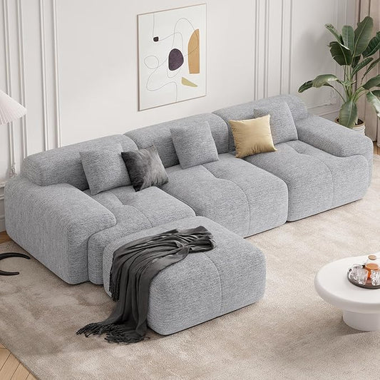 122" Modern L Shaped Modular Sectional Sofa, Boneless Couches for Living Room with Ottoman,4 Seater Convertible Chenille Cloud Couch Sofa Set, No Assembly Required, Light Grey 1 PCS