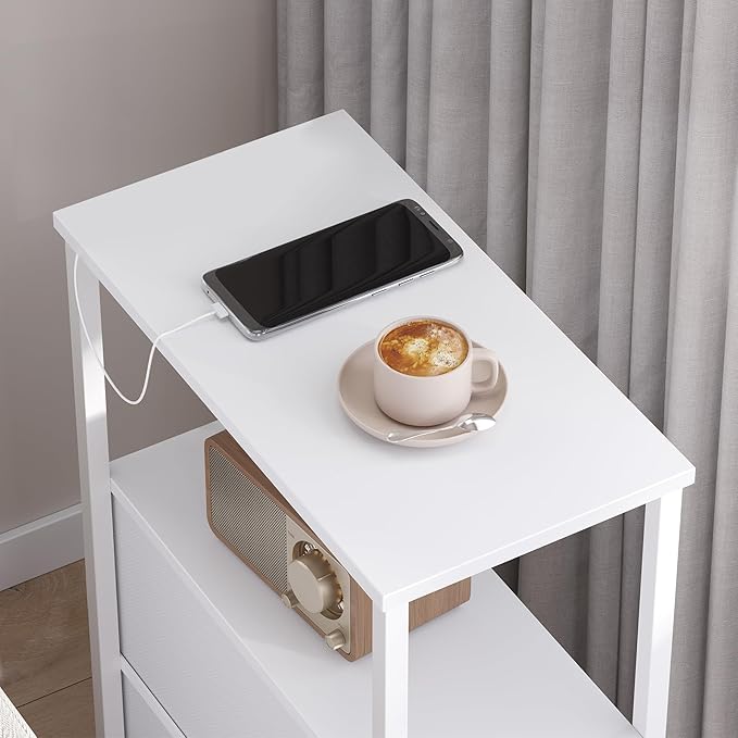 TUTOTAK Narrow Night Stand, Slim End Table, Tall Side Table with 3 Fabric Drawer, Small Bedside Table with Storage, Set of 2, for Living Room, Bedroom, White TB01BW072