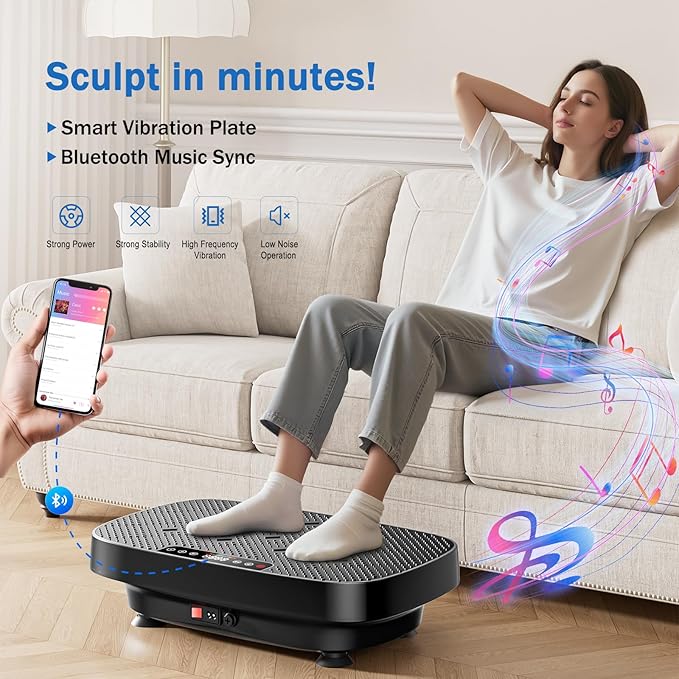 Vibration Plate Exercise Machine, Ultra-Quiet Vibration Plate for Lymphatic Drainage & Body Toning, Whole Body Vibration Platform with Bluetooth, Resistance Bands, Home Gyms Equipment