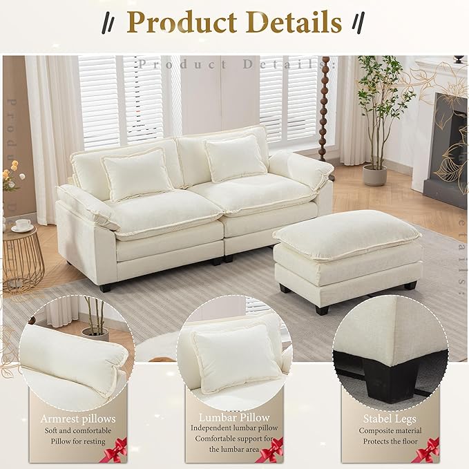 URRED Modular Sectional Sofa Comfy Cloud Couch, Modern Chenille Sofa Sleeper Deep Seat Couches with Ottoman/Pillows for Living Room (White, 82.6''- L Shape)