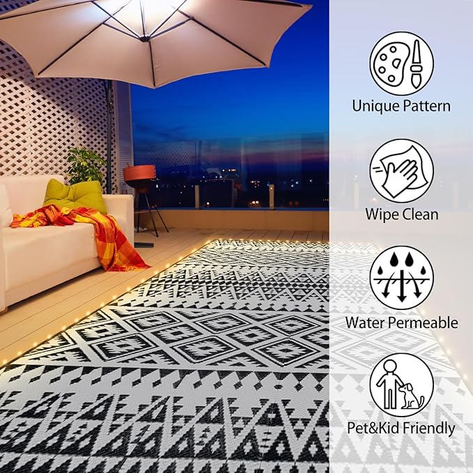 Outdoor Rug Mat with Led Strip Lights for Patio, 8x10ft Waterproof Reversible Plastic Straw Rugs, Camping Carpet Area Mats for RV, Porch, Deck, Backyard, Balcony, Camper, Black & White