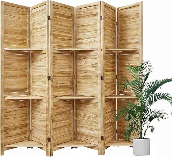 Room Divider with Shelves, 5.6 Ft Tall Folding Wood Screen with Double Hinges for Home Office Bedroom Hotel Decoration (6 Panels, Natural)