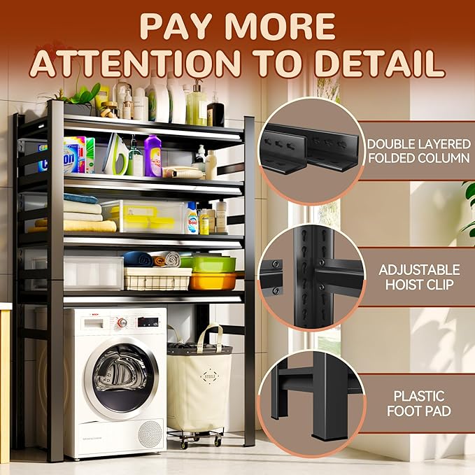 Laundry Shelf,5 Tier Over Washer and Dryer Storage Shelves,Adjustable Easy to Install,Space Saver Laundry Shelf Organizer,Utility Shelves for Balcony,Black,72”H*15.7”D*35.4“W