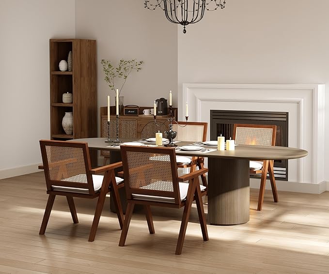 Rattan Dining Chairs Set of 2, Farmhouse Wicker Dining Chairs with Removable Linen Cushion Accent Cane Armchair for Dining Room Kitchen Restaurant, Walnut