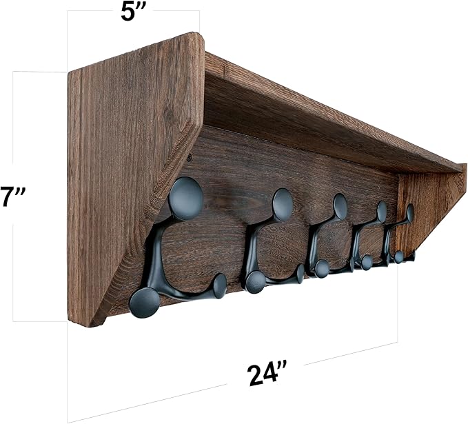 SKOLOO Wall Shelf with Hooks, 24-Inch Weathered Brown Coat Rack Wall Mount with Shelf Organizer - Lightweight & Sturdy, 5 Tri Hooks - Perfect for Entryway, Hallway, Living Room, Bedroom, Mudroom