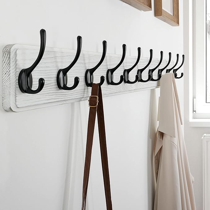 SKOLOO Farmhouse Style Large Wall Mounted Coat Rack-38.6'' Long, Pine Solid Wood Coat Hook Hanger - 10 Hooks for Hanging Clothes Robes Towels Coats
