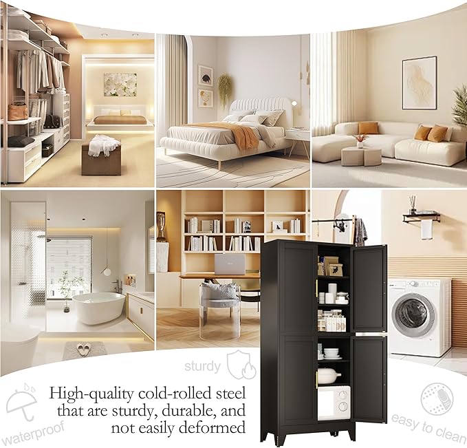 75.2" Tall Metal Pantry Cabinet, Storage Cabinets with 4 Door and 4 Adjustable Shelves, Black Kitchen Pantry Storage Cabinet, Freestanding Cupboard for Kitchen Dining Room Living Room Bathroom