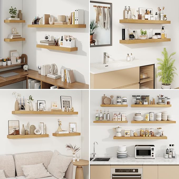fuqing Floating Shelves for Wall, Bathroom Shelf Wall Mounted for Storage, Shelves with Invisible Bracket for Bedroom, Kitchen, Living Room, Farmhouse Small Book Shelf, 32 Inch Set of 2, Oak