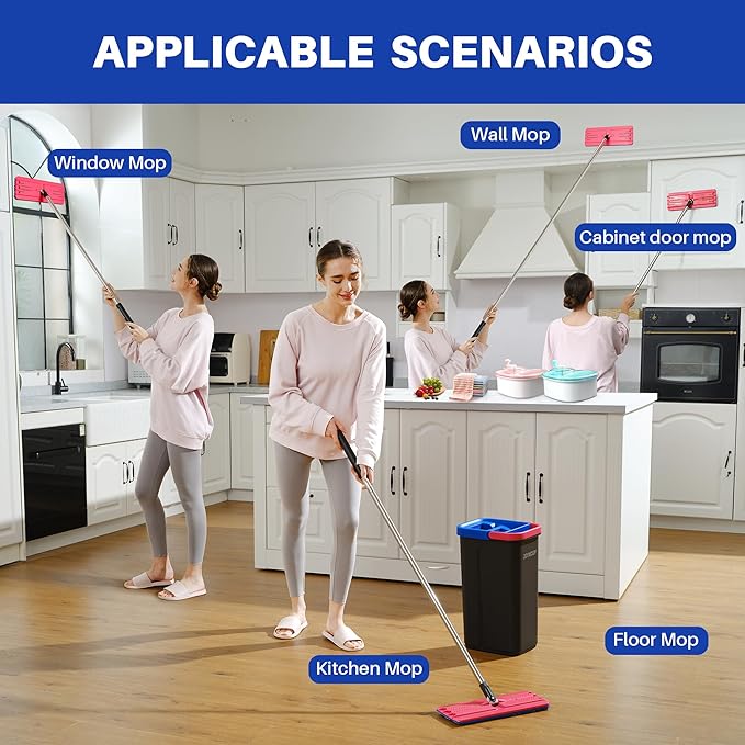 JOYMOOP Mop and Bucket Set for Home, Hands-Free Self-Cleaning System, with 5 Reusable Microfiber Mop Pads, Suitable for Floor Cleaning and Wall Cleaner - Black+Red+Slate Blue