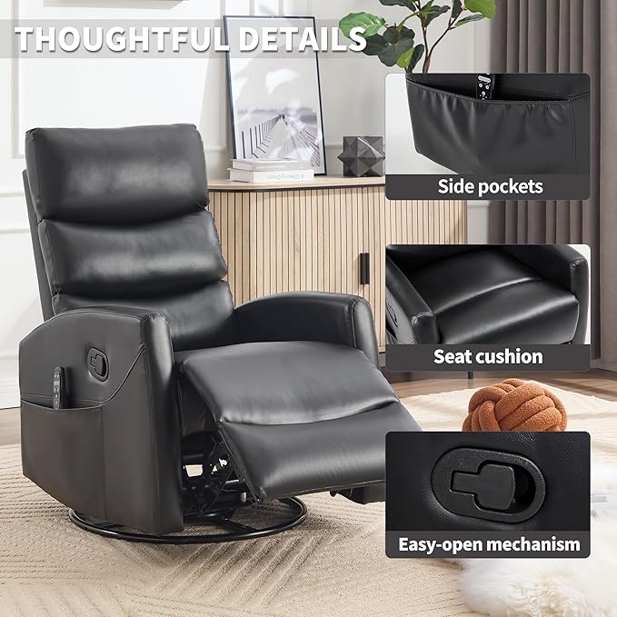 Manual Swivel Rocker Recliner Chair for Adults, Overstuffed Reclining Glider Chair for Nursing with Vibration Massage & Heat, Living Room Rocking Recliner 3-Stage backrest, Faux Leather Black