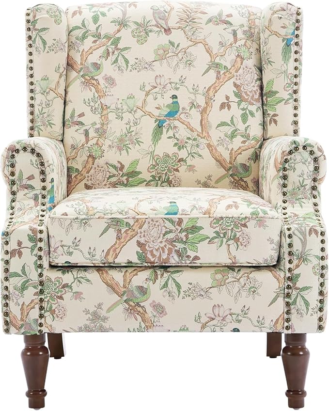 UIXE High Back Floral Accent Chair, Upholstered Armchair in Fabric for Living Room, Retro Printed Wingback Arm Chair Comfy Single Sofa Bedroom Reading Seat with Solid Wood Legs - Bird Pattern