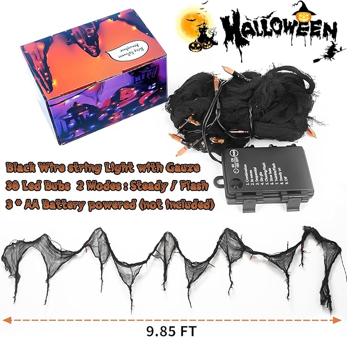 Halloween Horror Atmosphere Lights, Orange&Purple LED String Lights with 9.9FT Creepy Black Gauze, Battery Powered with Timer & 8 Flashing Modes (Red)