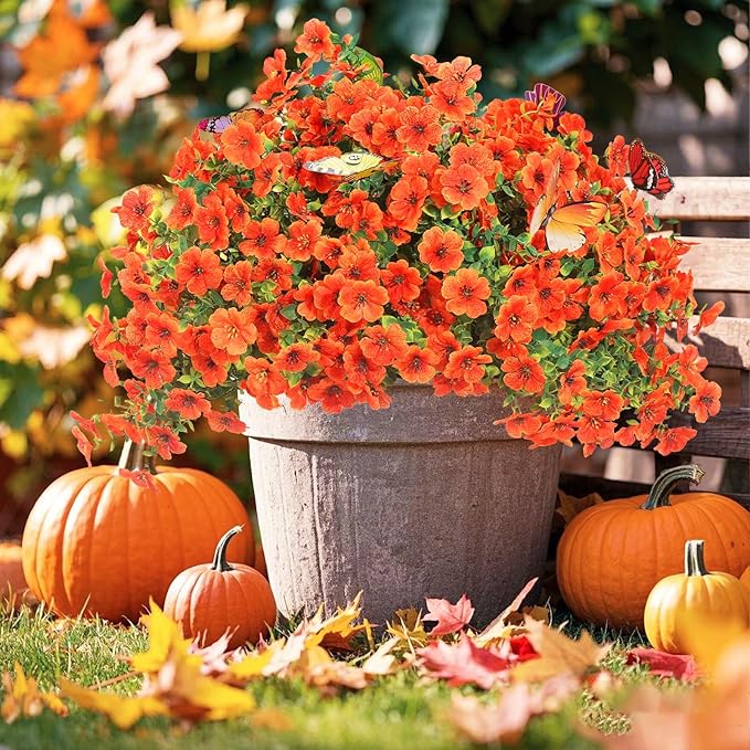 20 Bundles Artificial Flowers for Outdoors with 6 Faux Butterflies, UV Resistant Fake Flowers with Eucalyptus Leaves, Artificial Plants Outdoor for Patio Garden Porch Home Decor (Orange)