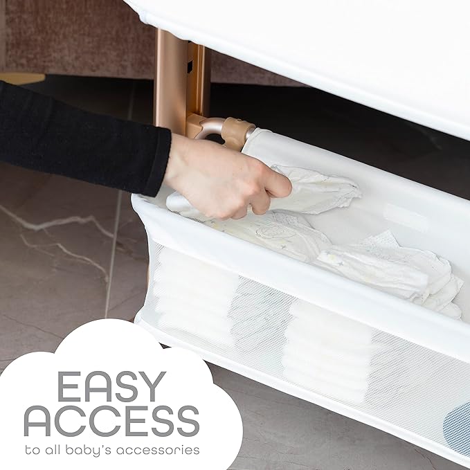 KoolerThings Baby Bassinet, Bedside Sleeper for Baby, Easy Folding Portable Crib with Storage Basket for Newborn, Bedside Bassinet, Comfy Mattress/Travel Bag Included (Bassinet) (White & Gold)