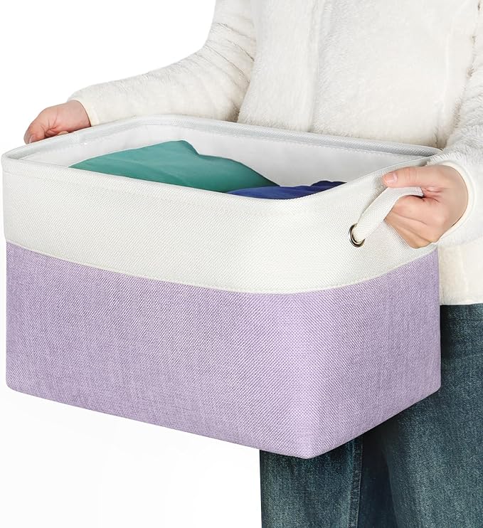 Kntiwiwo Foldable Storage Bins 15" x 10" x 9.5" Fabric Storage Basket Cube with Handles Large Linen Closet Organizer Bins for Organizing Shelf Home, Set of 3, Purple