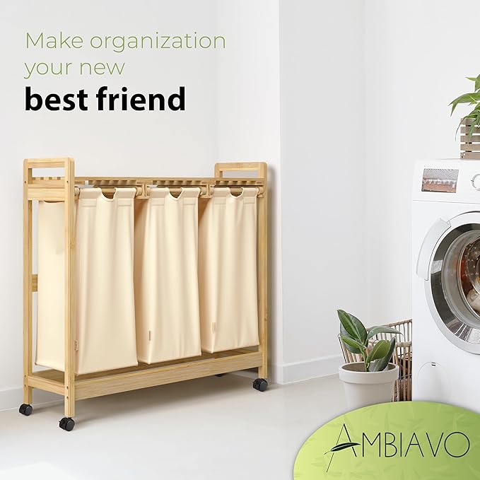 Laundry basket with wheels beige - Large Bamboo Laundry Sorter with Removable Cotton Bags - 3 Section laundry room organization - Durable, Eco-Friendly, and Stylish Storage Solution for Home