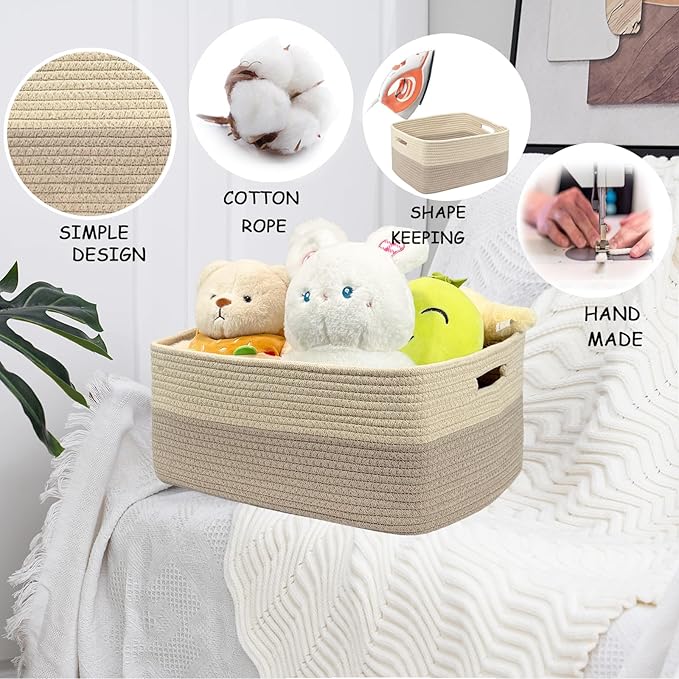 COMFY-HOMI Cotton Rope Woven Basket with Handles for Shelves,Toys,Book, Cloth Storage Baskets for Organizing-17" x 13" x 7.5" Toy Decorative Organizer for Living Room, Bathroom (Beige brown)