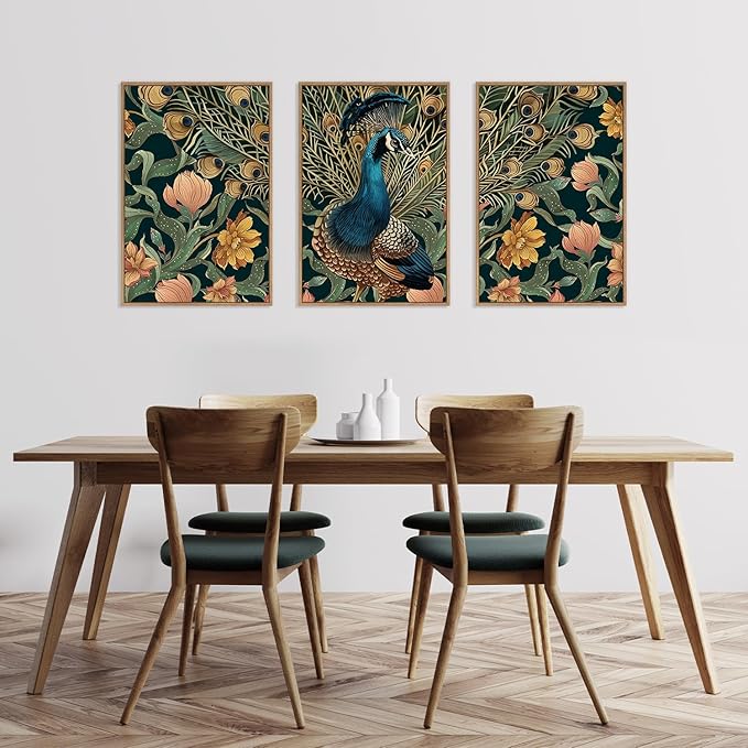 HLNIUC Peacock Framed Canvas Wall Art,Large Peacock Flower Wall Decor Set of 3(16”x24”)Modern Elegance Peacocks Floral Framed Painting,Vintage Beautiful Animal Feather Art Print for Living Room,Office