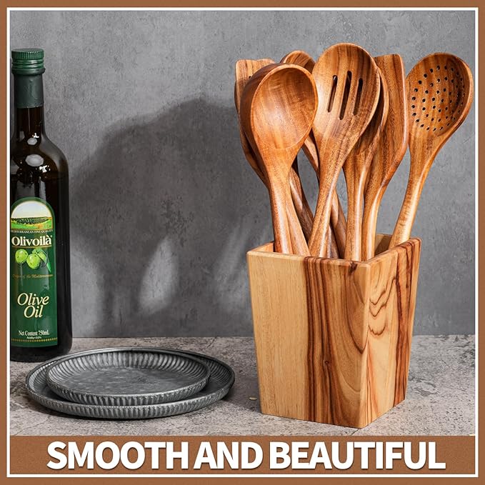 Gudamaye 13 inch Long Wooden Spoons for Cooking, 9 PCS Natural Teak Wooden Kitchen Utensil Set with Utensils Holder Made of Australia Camphor Laurel Wood,Wooden Utensils for Cooking