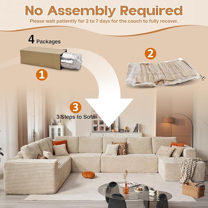 Cloud Sectional Couches for Living Room,U Shaped Modular Sofas No Assembly,165x107 Inches Plush Corduroy Oversized Floor Couch Set with Deep Seat Chaise,Beige