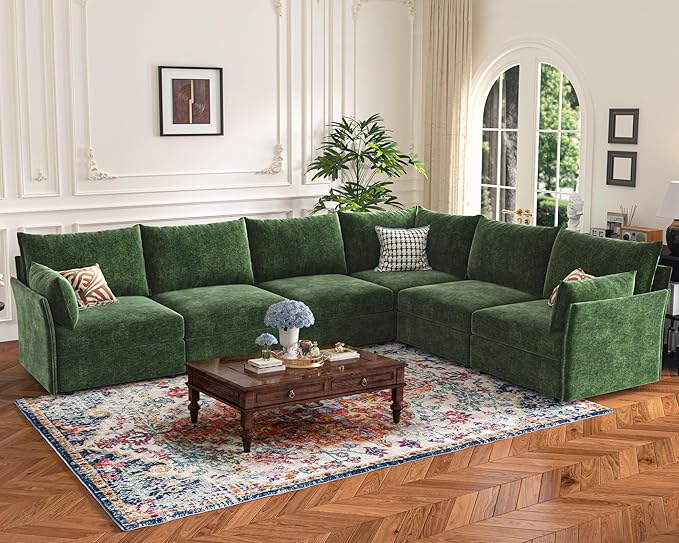 Oversized Loveseat Sofa, Modern Modular Sectional Couch Green Fluffy Chenille Mid Century 2-Seat 24.5" Deep Seat for Apartment, Living Room, Bedroom