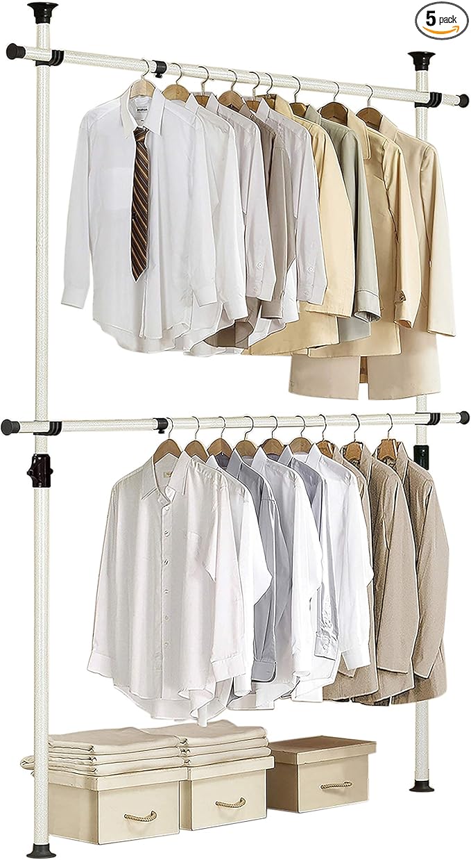 PRINCE HANGER Rack Heavy Duty One Touch System Load 352LBS Clothing Racks for Hanging Clothes Metal Closet Garment Closet system Tension Rod Free Standing Ivory Width Adjustable PHUS-0023