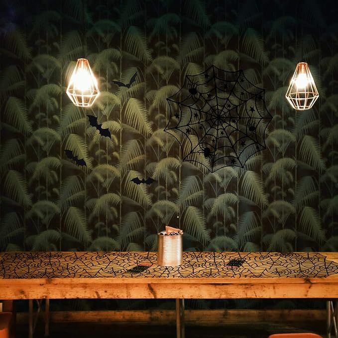 ZeeDix 39 Pcs Halloween Decorations Kit Black Lace Spiderweb Round Tablecloth Table Runner, Giant Spider Cobweb Fireplace Scarf with 36PCS Scary 3D Bats Wall Stickers for Halloween Party Decor