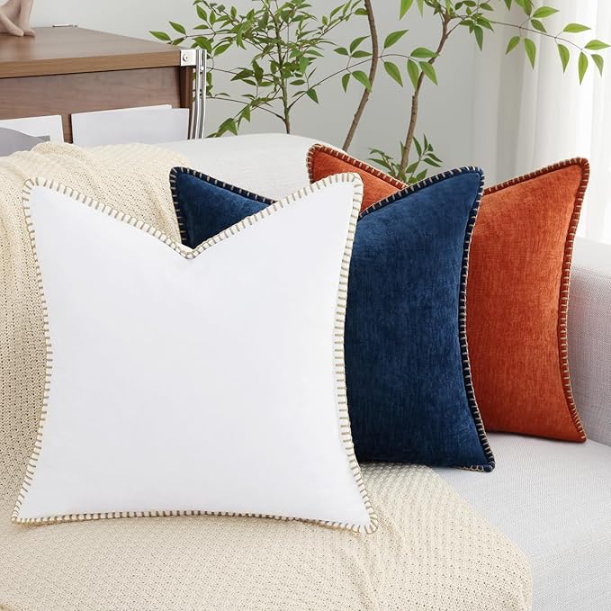 decorUhome Chenille Soft Throw Pillow Covers 18x18 Set of 2, Farmhouse Velvet Neutral Decorative Euro Pillow Covers with Stitched Edge for Couch Sofa Bed Home Decor, White