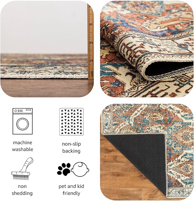 Keen Home Design 6x9 Rug - Machine Washable Area Rug with Non-Slip Backing, Ideal for Living Room, Dining Room, Bedroom - Vintage, Easy Clean, Durable, Low Pile Rug - (6' x 9')