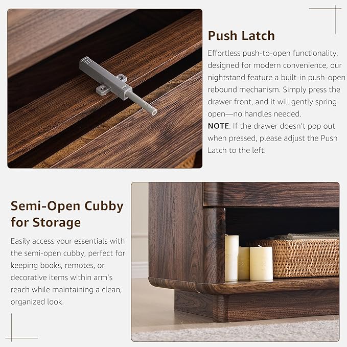 Nightstand with Charging Station, 22" Push-to-Open Bedside Table with 2 Storage Drawers, Large Modern End Table for Bedroom,Living Room,Brown