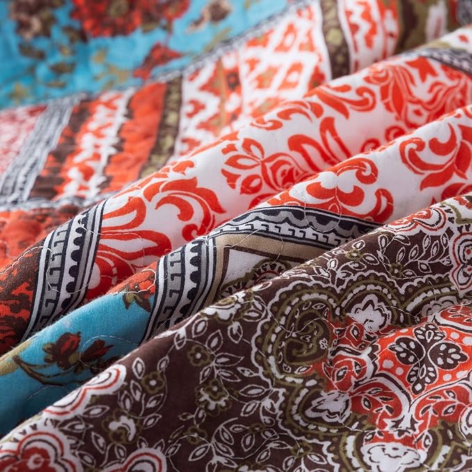 NEWLAKE Cotton Bedspread Quilt Sets-Reversible Patchwork Coverlet Set, Mediterranean Classic Bohemian Pattern,Queen Size