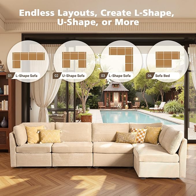 Modular Sectional Sofa with Chaise U Shaped Sectional Couch for Living Room, 5-Seater Comfy Cloud Couches, Plush Corduroy, Beige