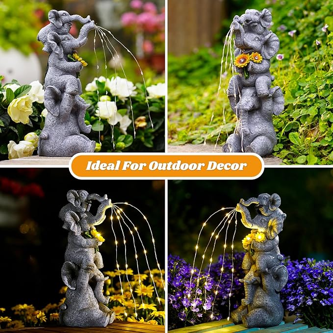 Solar Garden Decor Elephant Statue Outdoor, Luck Triple Elephant Decorations for Yard Porch Lawn Patio - Ideal Gifts for Women Mom Grandma Senior Elder or Birthdays 12"