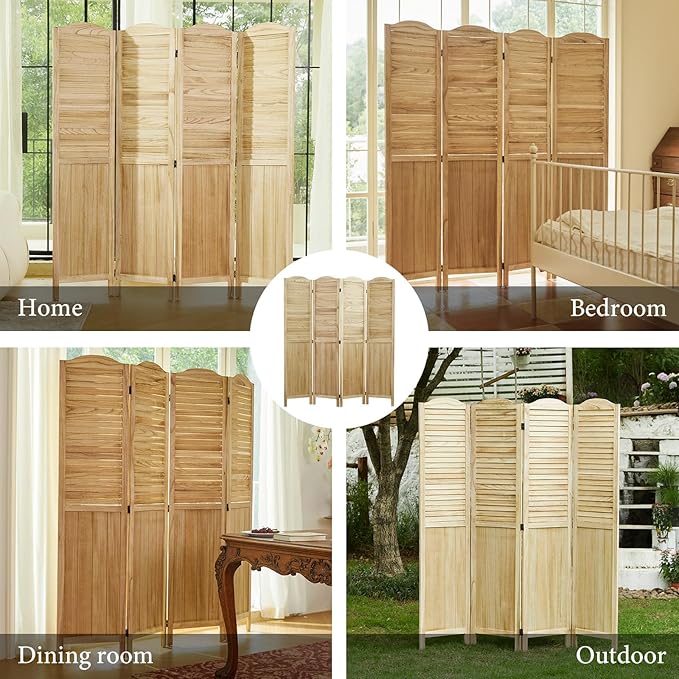 Room Partitions and Dividers, 68.9 Inch Temporary Wall with Double Hinges, Wooden Louver & MDF Stable Screens for Home Office Bedroom Coffeehouse Decoration (4 Panels, Wood Color)