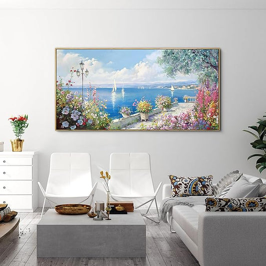 XLSJERST Blue Coastal Wall Art - Ocean Seascape Canvas Yellow Green Flowers Painting Landscape Sailboat Picture Artwork Modern Large Framed for Living Room Bedroom Home Office Decor 20"x40"