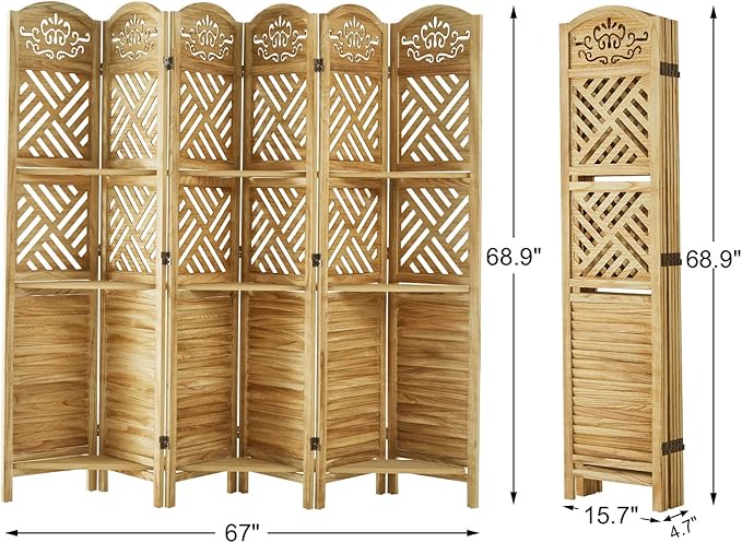 Room Divider with Shelves, 68.9inch Wood Carved and Louvered Wall Divider Freestanding, 6 Panels Folding Partition Screen for Bedroom Home Office (Natural)