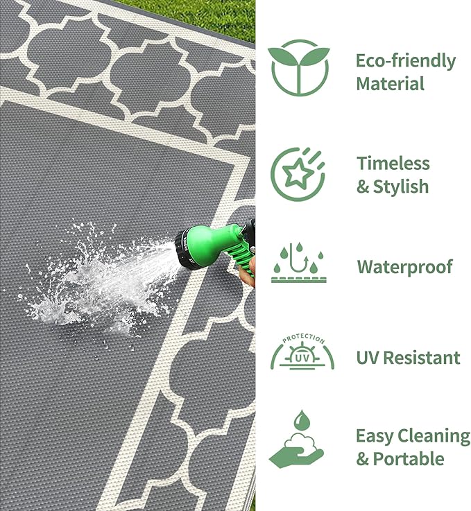 GENIMO 6' x 9' Outdoor Rug Waterproof for Patio Decor, Foldable Reversible Plastic Straw Area Rugs Mat for Camper, Outside Carpet for Rv, Deck, Porch, Picnic, Beach, Balcony, Grey & Beige White