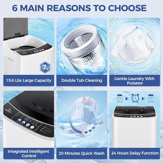 Nictemaw Portable Washing Machine 15.6Lbs Capacity Portable Washer with Drain Pump 2.1Cu.ft Full-Automatic Compact Washer with 10 Programs 8 Water Level for Home, Apartment, RV, Dorms